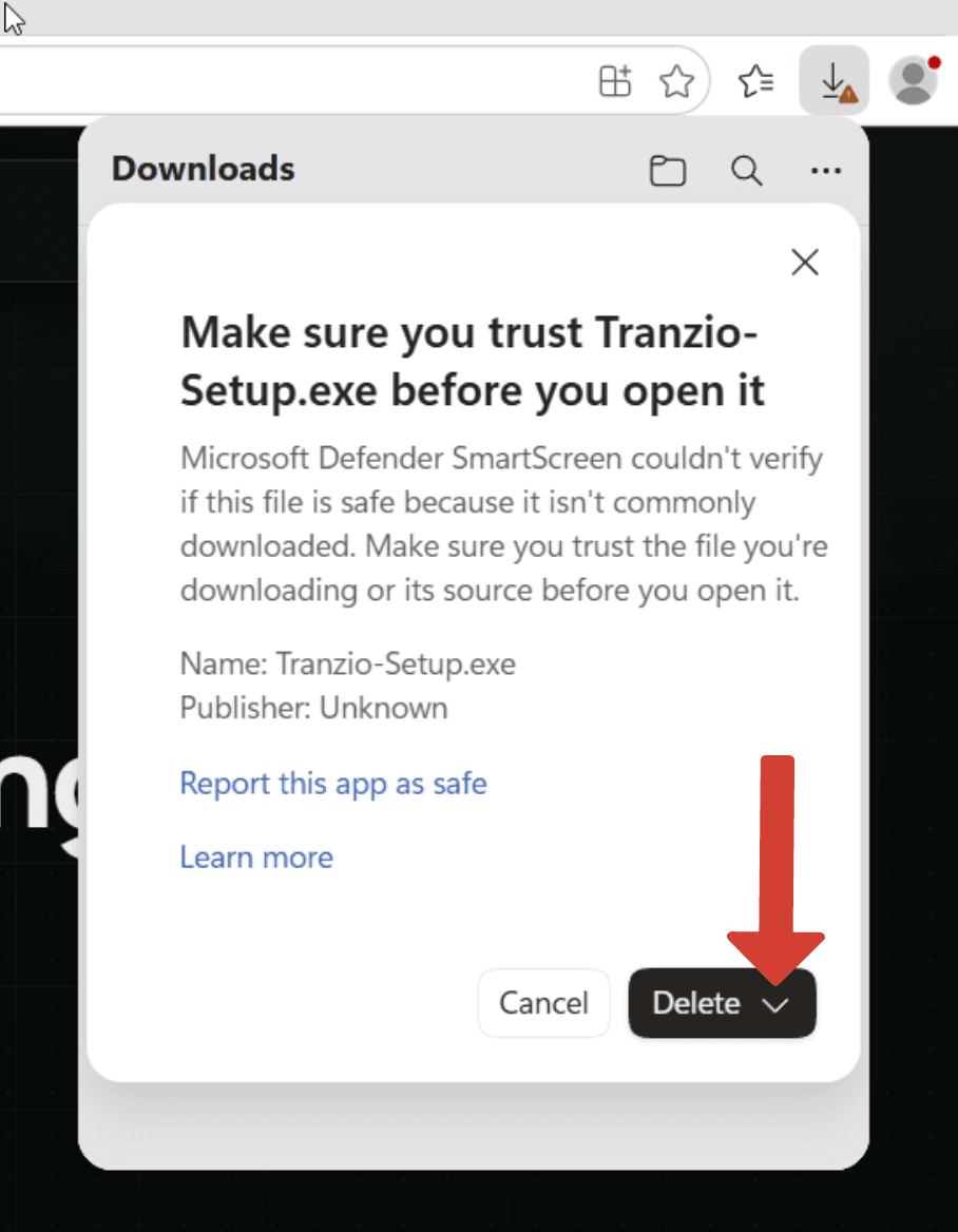 The trust dialog with an arrow pointing at the Delete dropdown.