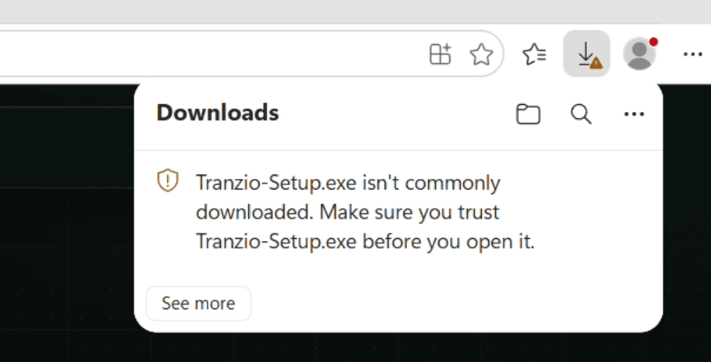 Browser Downloads popup: Tranzio-Setup.exe isn't commonly downloaded.