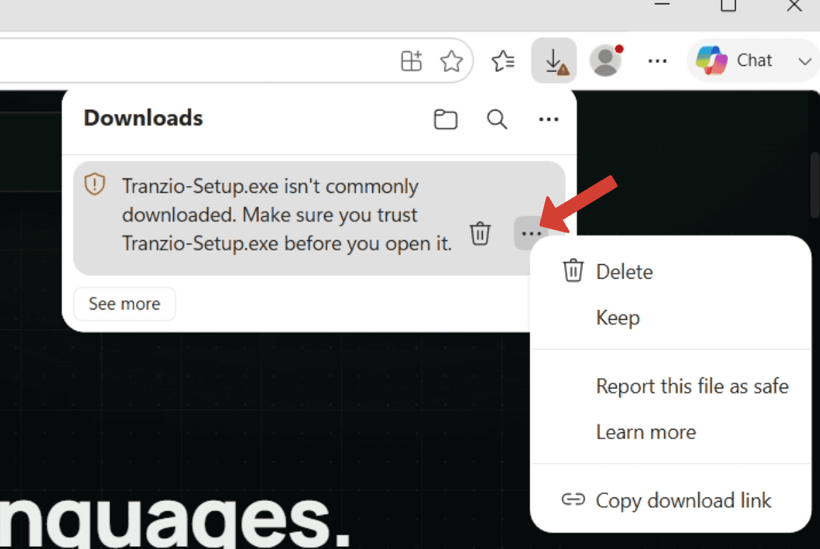 The download's more-options menu open, with Keep highlighted.