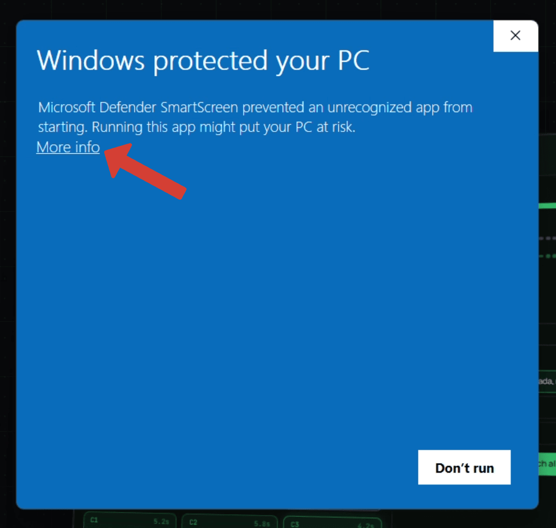 Windows protected your PC dialog with an arrow pointing at More info.