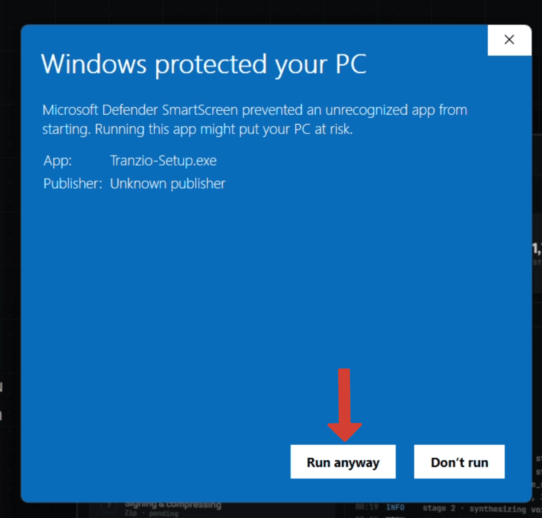 The expanded SmartScreen dialog with an arrow pointing at Run anyway.